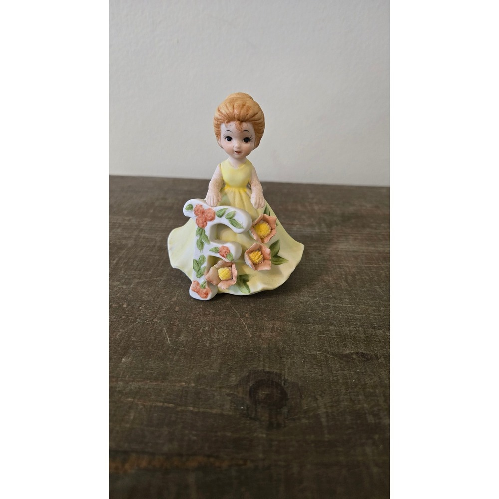 Vintage Japan Ceramic Girl Figurine Letter F Yellow Dress Flower Porcelain 4in